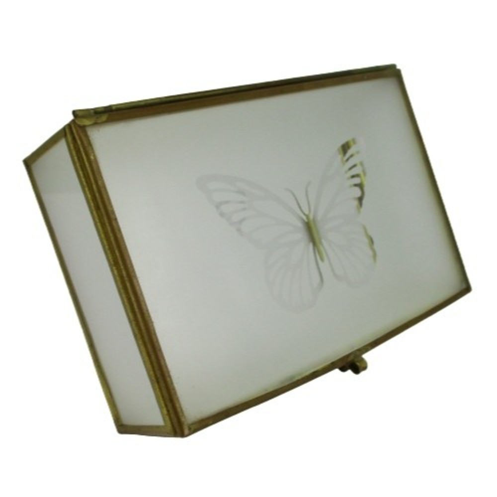 Vintage Butterfly Brass Frosted Clear Glass Hinged Trinket Box Gold Clear
